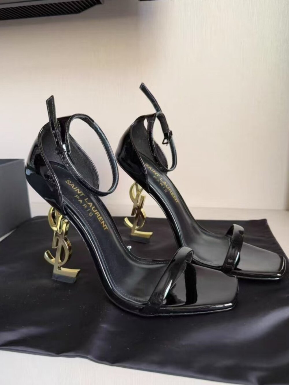 Saint Laurent Black Patent Leather Square Toe Logo Heel Sandals